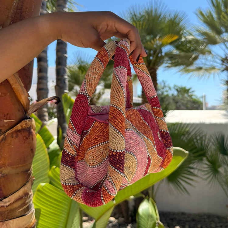 Pink Beaded Cotton Handbag with Zip Fastening & Inside Pocket | Abstract Bag