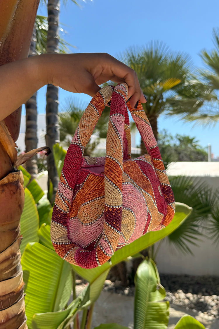 Pink Beaded Cotton Handbag with Zip Fastening & Inside Pocket | Abstract Bag