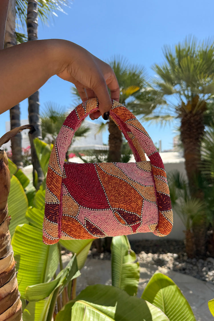 Pink Beaded Cotton Handbag with Zip Fastening & Inside Pocket | Abstract Bag