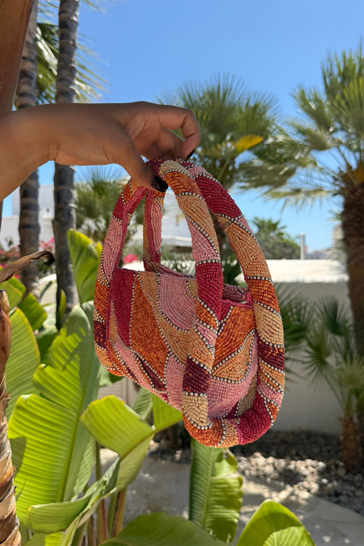 Pink Beaded Cotton Handbag with Zip Fastening & Inside Pocket | Abstract Bag