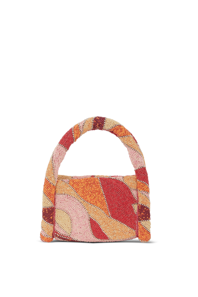 Pink Beaded Cotton Handbag with Zip Fastening & Inside Pocket | Abstract Bag
