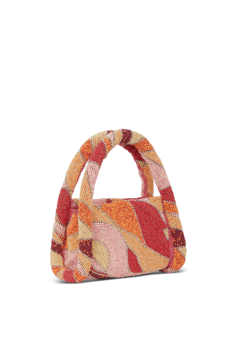 Pink Beaded Cotton Handbag with Zip Fastening & Inside Pocket | Abstract Bag