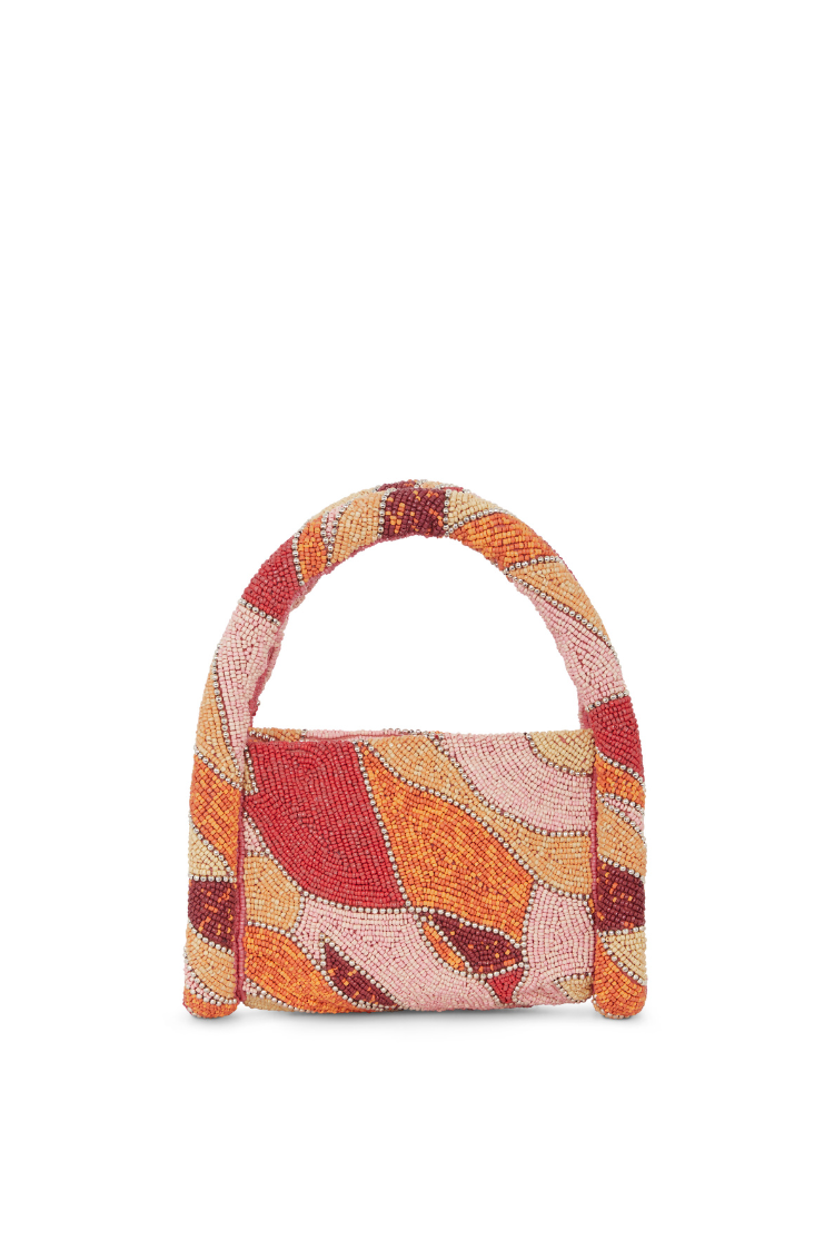 Pink Beaded Cotton Handbag with Zip Fastening & Inside Pocket | Abstract Bag