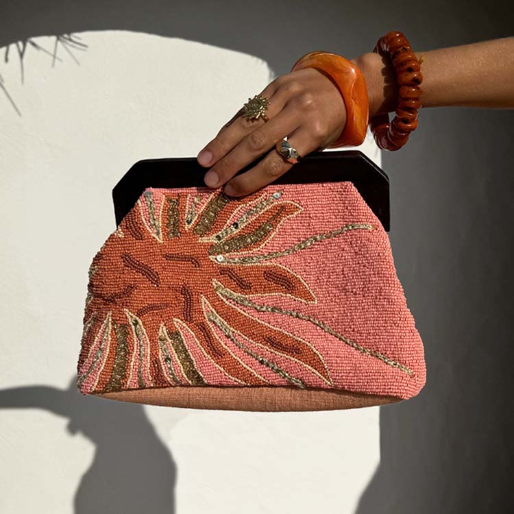 Handcrafted Pink Beaded Raffia Bag with Gold Accents | Sol Beaded Clutch