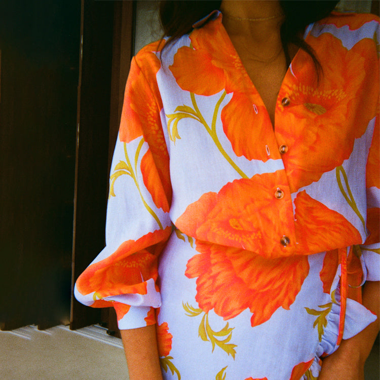 Blue Poppy Print Blouse with Blouson Sleeves | Miley Shirt
