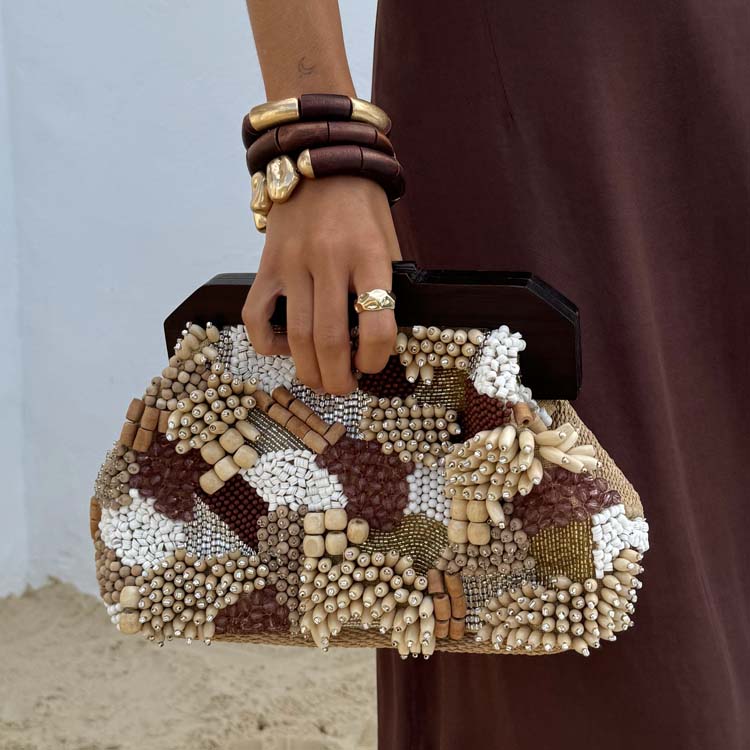 Handcrafted Beaded Clutch Bag for Women | Brown Raffia & Cotton