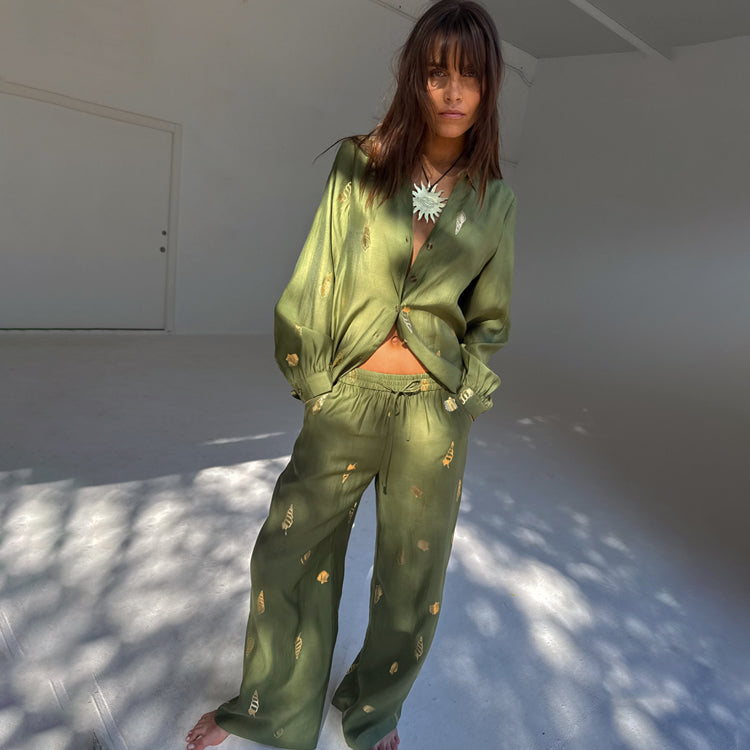 Khaki Cotton Linen Wide-Leg Trousers with Elastic Waist | Casual Chic