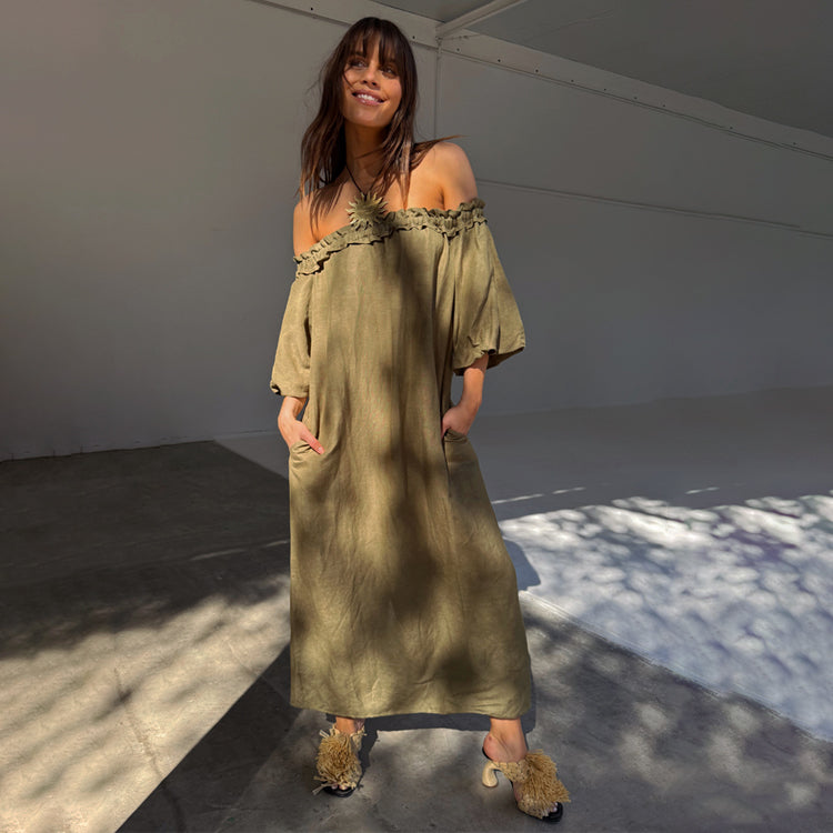 Khaki Linen Blend Dress with Pockets & Elastic Neckline | Ella