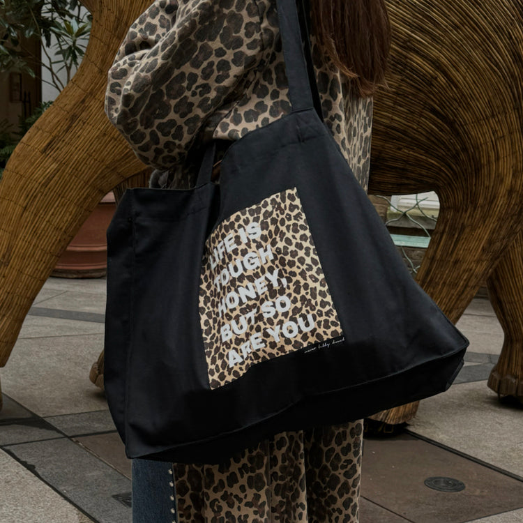Life Is Tough Honey Tote Bag | Black Canvas & Inspirational Print