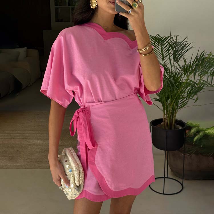 Pink Scallop Mini Skirt with Wrap Tie - Multi-Wear Jaspre Style