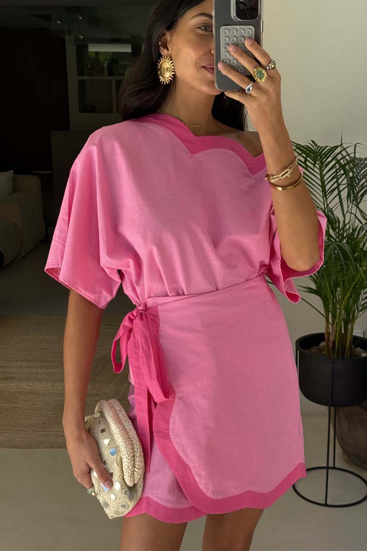 Pink Scallop Mini Skirt with Wrap Tie - Multi-Wear Jaspre Style
