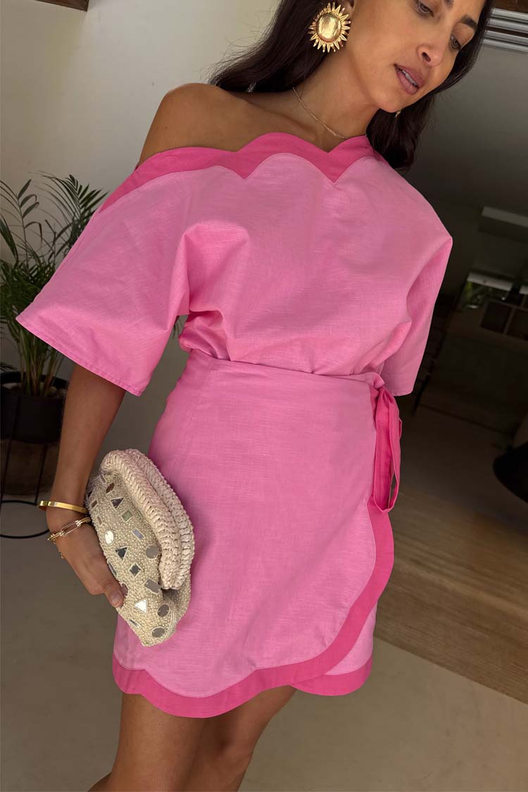 Pink Scallop Mini Skirt with Wrap Tie - Multi-Wear Jaspre Style
