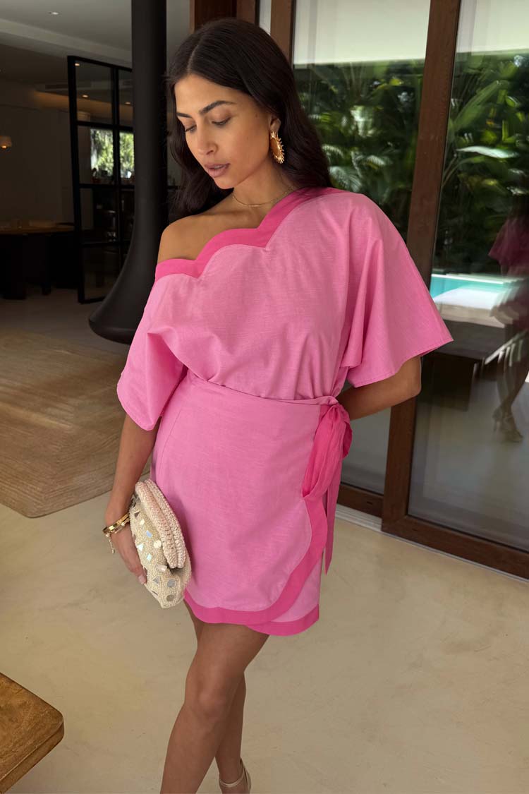 Pink Scallop Mini Skirt with Wrap Tie - Multi-Wear Jaspre Style
