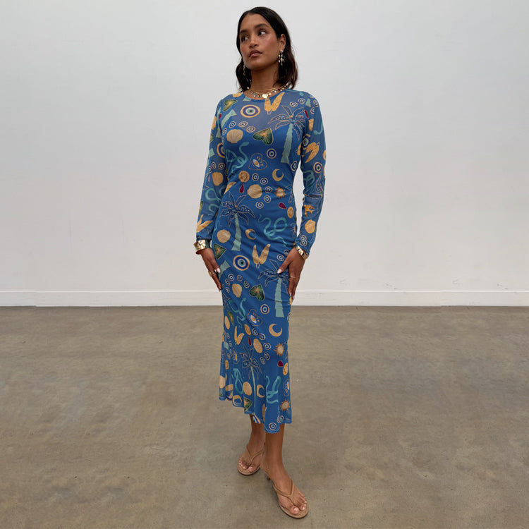 Blue Sheer Mesh Dress with Slip & Charms Print | Azura Charms
