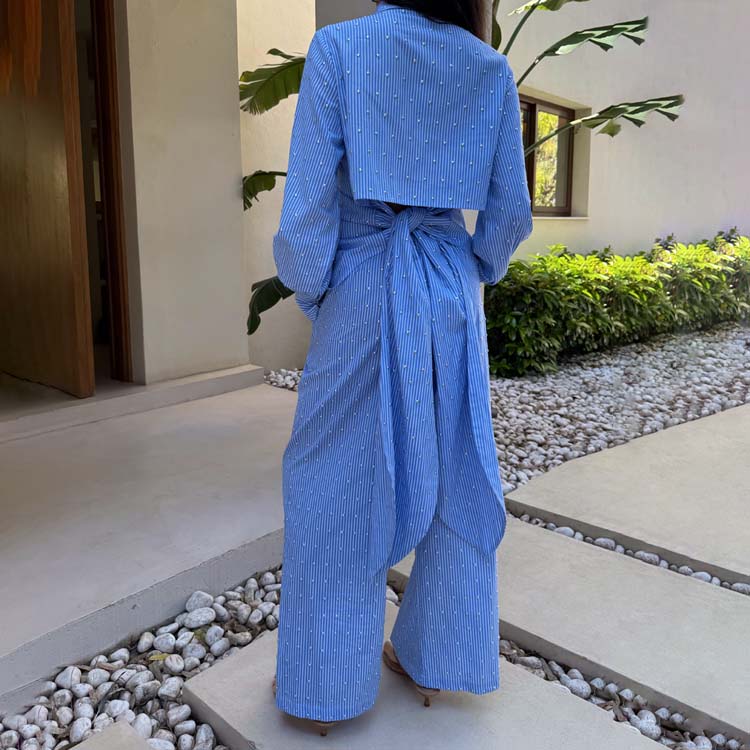 Blue Stripe Tie Back Shirt with Stud Embellishment | Cotton Summer Top