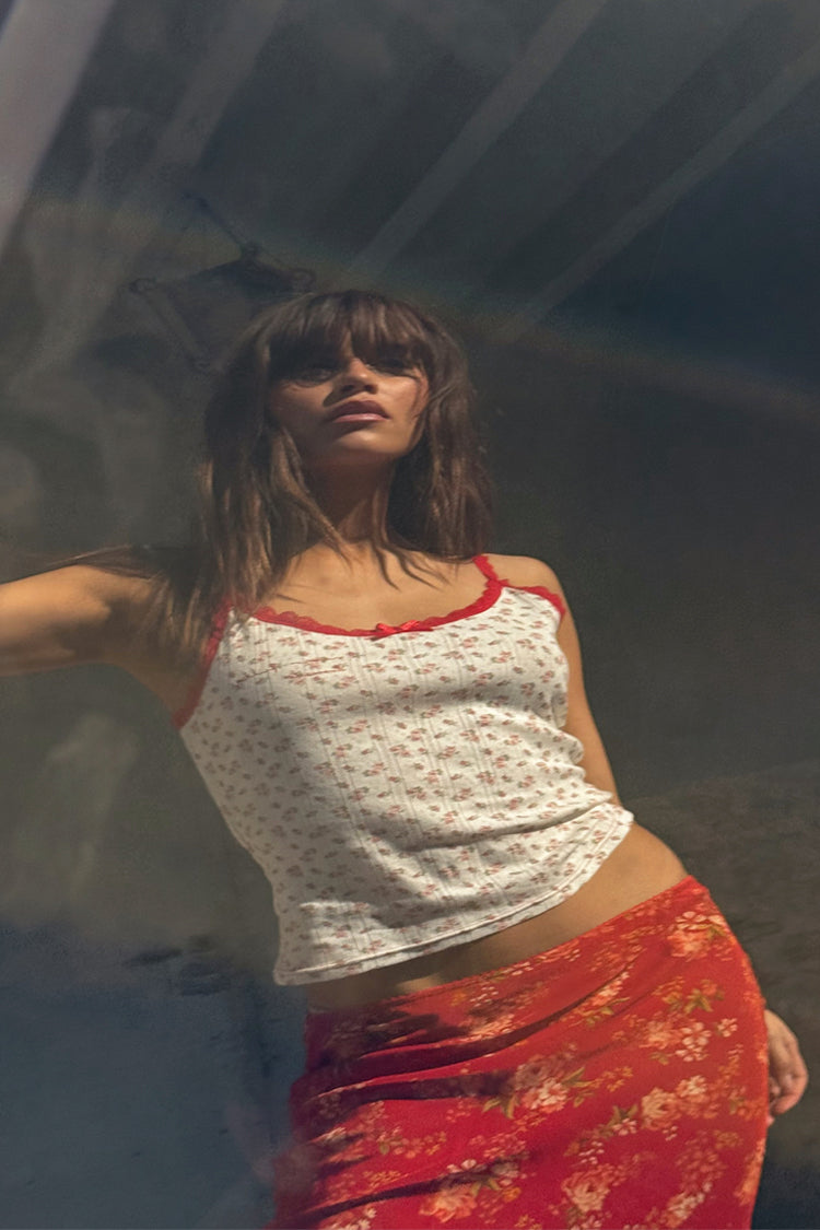 Floral Lace Vest with Red Trim | 90s Inspired Cotton Top