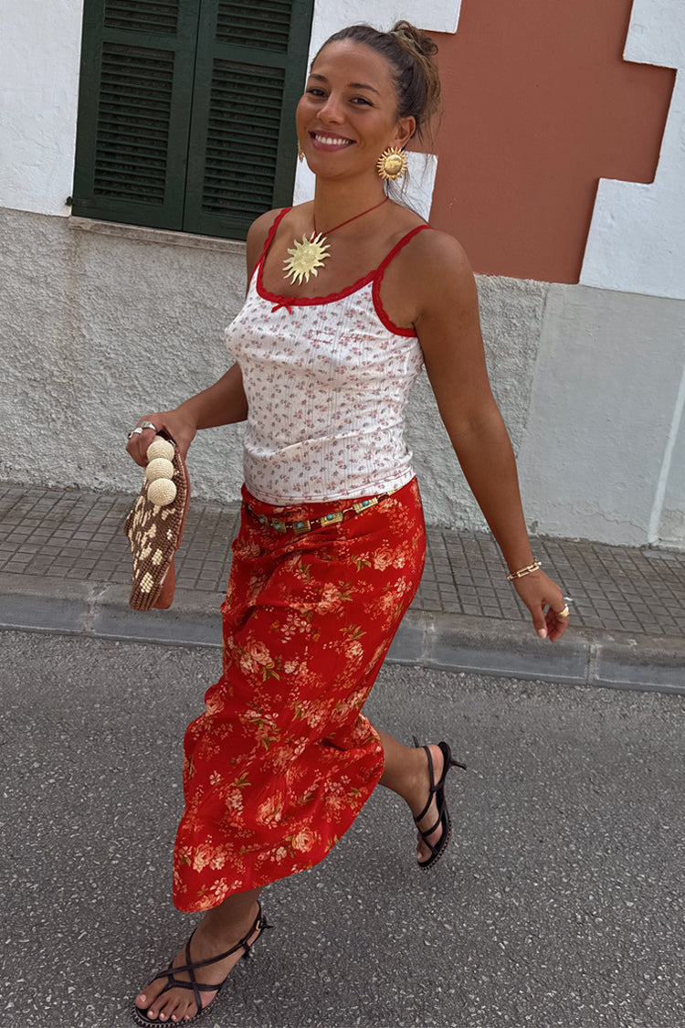 Floral Lace Vest with Red Trim | 90s Inspired Cotton Top