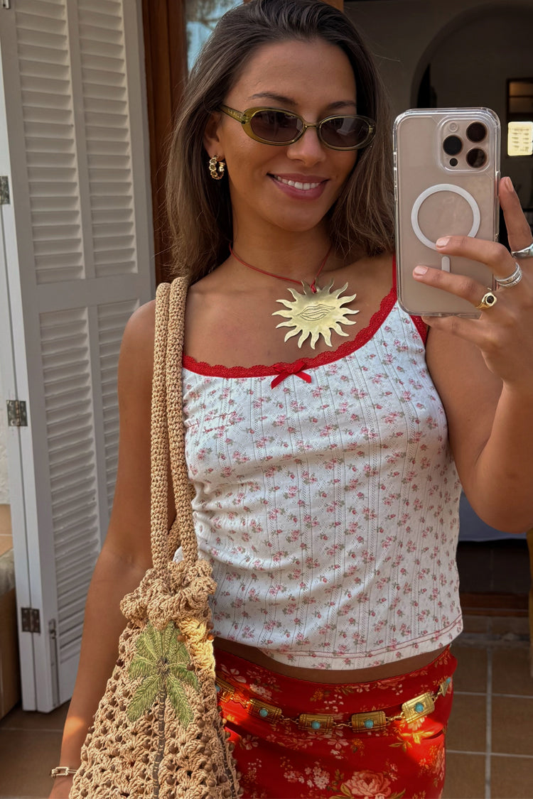 Floral Lace Vest with Red Trim | 90s Inspired Cotton Top