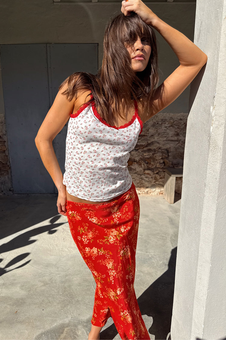 Floral Lace Vest with Red Trim | 90s Inspired Cotton Top