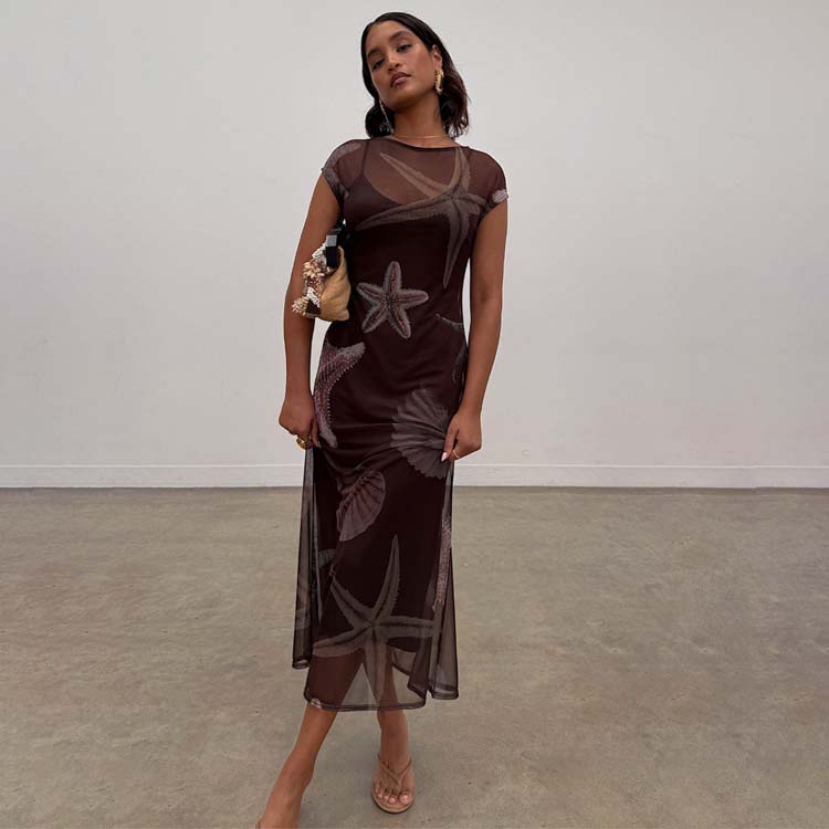 Seashell Print Sleeveless Mesh Dress with Cami Slip | Lightweight & Breathable