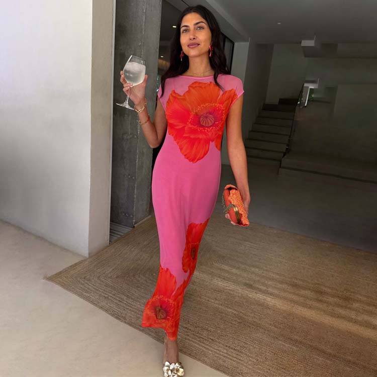 Pink Poppy Mesh Dress for Wedding Guest | Sleeveless & Adjustable