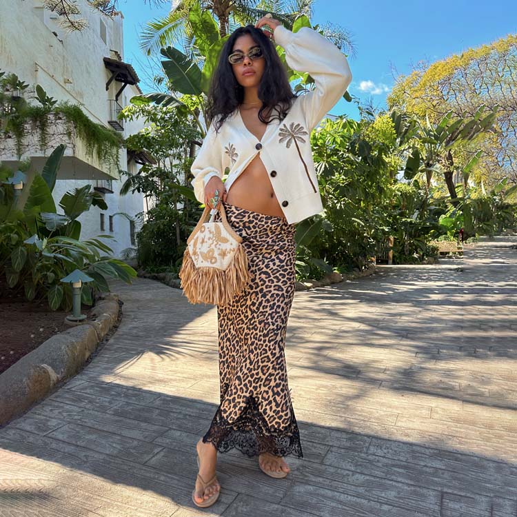 Leopard Print Lace Trim Midi Skirt | Maeva