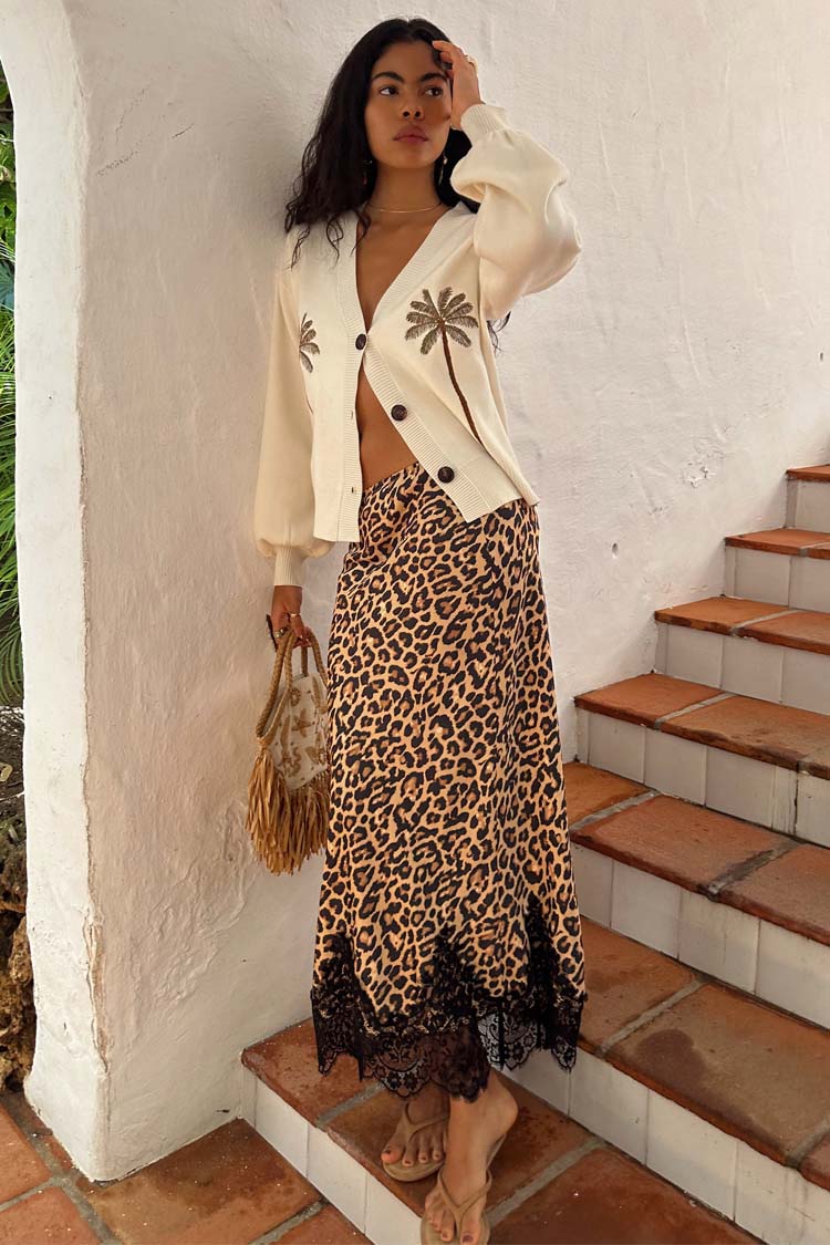 Leopard Print Lace Trim Midi Skirt | Maeva