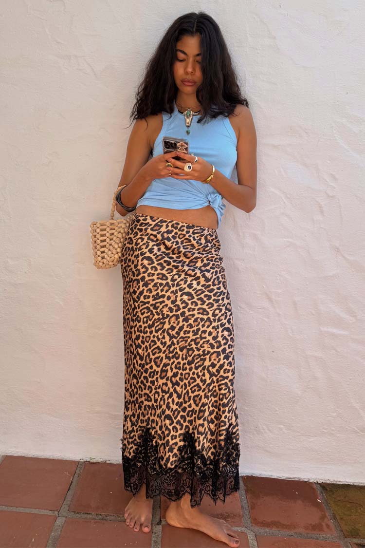 Leopard Print Lace Trim Midi Skirt | Maeva